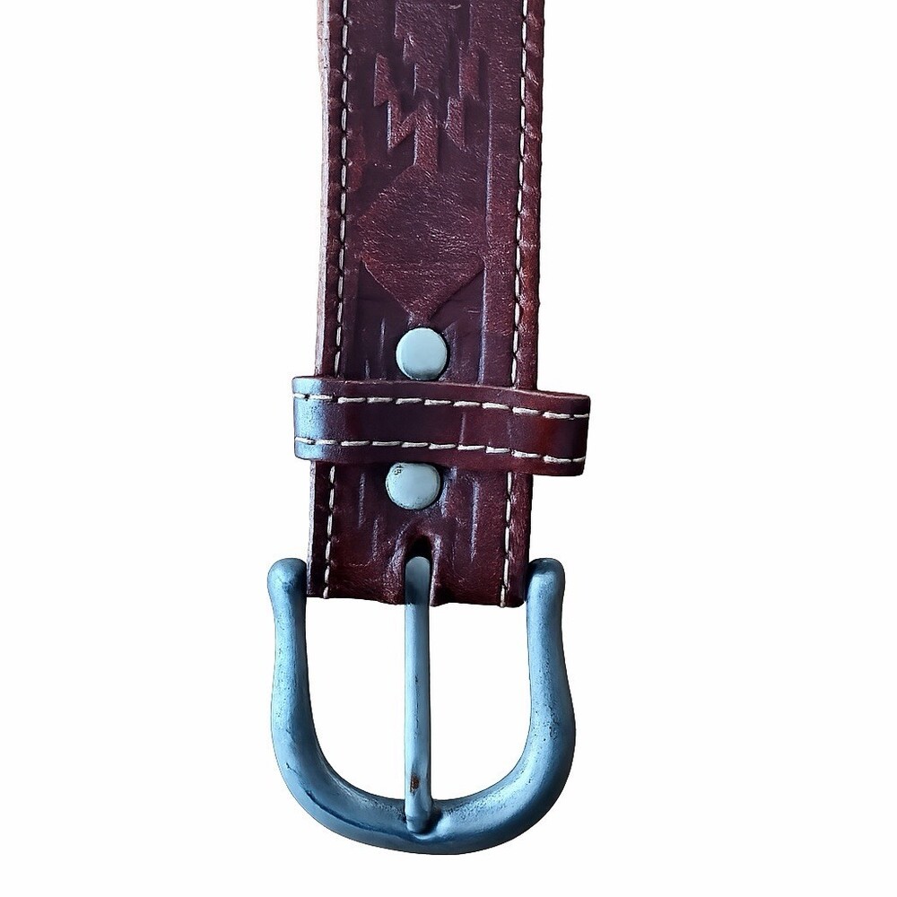 Vintage Genuine Leather Belt Brown Western Embossed Pattern Silver Buckle Size S